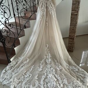 Elegant champagne Sequin Lace Appliqué  Wedding Dress  . Demetrios design size 6